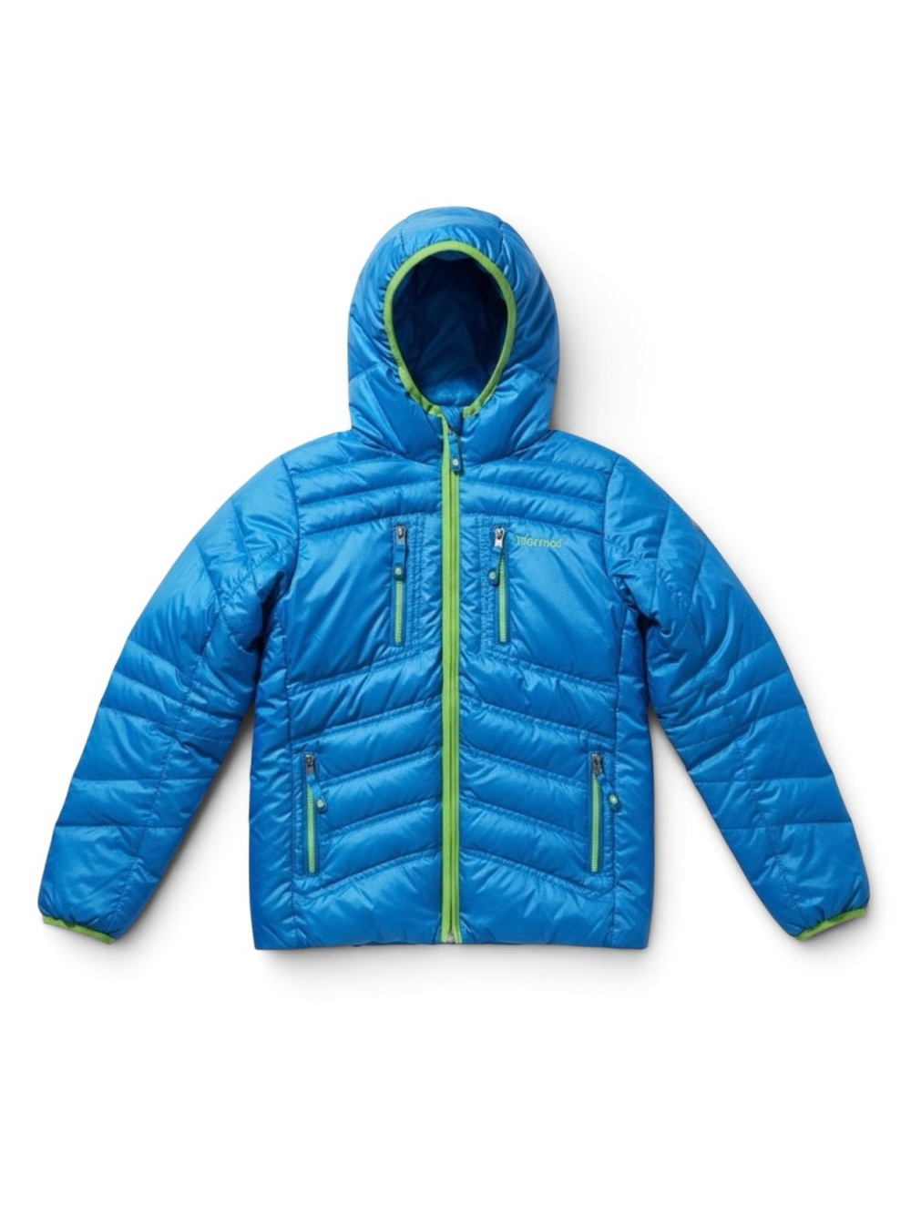 Marmot Kids Down Packable Puffer Jacket Blue Hooded Lightweight Ski Coat Large
